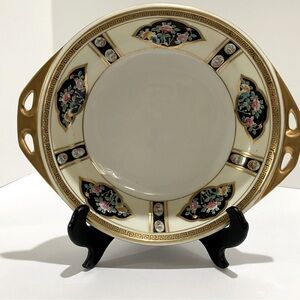 Antique Porcelain Round Bowl Hand Painted Gold Handles Flowers Nippon Japan